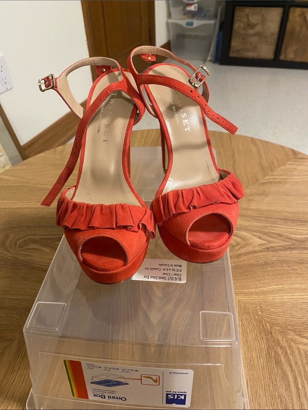 NWOT: Twin-Set Red Ruffle Peep-Toe Ankle Strap Sandals